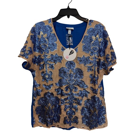 Tracy Reese Sequin Floral Top Women’s Small Blue & Beige Short Sleeve Polyester - Picture 1 of 5